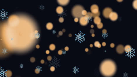 Animation-of-snowflakes-and-orange-spots-of-light-floating-against-black-background-with-copy-space