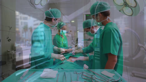 Animation-of-timelapse-with-walking-people-over-team-of-caucasian-surgeons-during-operation