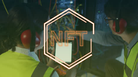 Animation-of-nft-text-over-diverse-workers-in-server-room