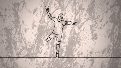 Animation-of-drawing-of-male-handball-player-throwing-ball-and-shapes-on-grey-background