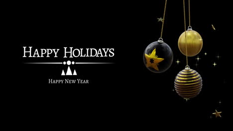 Happy-holidays,-happy-new-year-text-with-black-and-gold-christmas-baubles-and-stars-on-black