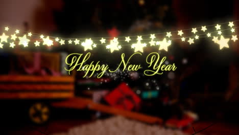 Animation-of-happy-new-year-text-banner-and-hanging-fairy-lights-against-decorated-house