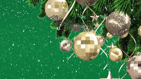 Animation-of-snow-falling-over-christmas-tree-branch-with-bauble-deocrations-on-green-backgoround