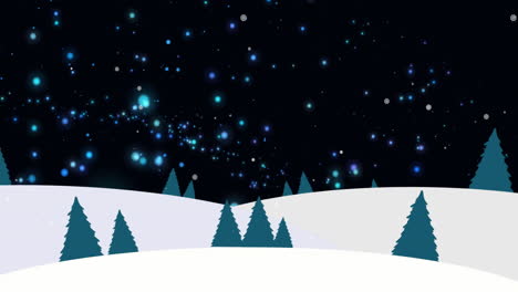 Animation-Von-Leuchtend-Blauen-Lichtpunkten-Und-Fallendem-Schnee-über-Einer-Winterlandschaft