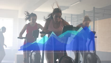 Animation-of-data-processing-on-blue-graph-over-diverse-women-cross-training-on-ellipticals-at-gym