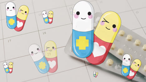 Animation-of-smiley-pills-and-medication-over-calendar