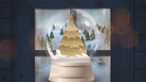 Animation-of-shooting-stars-spinning-over-christmas-tree-in-a-snowglobe-against-window