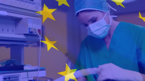 Animation-of-flag-of-european-union-over-caucasian-female-surgeon-in-hospital