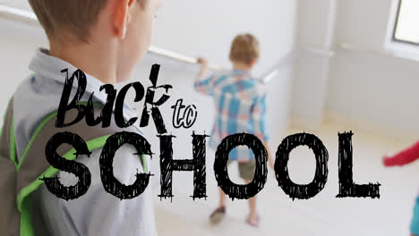 Animation-Des-Textes-„Zurück-Zur-Schule“-über-Fröhliche,-Abwechslungsreiche-Schulkinder-In-Der-Schule