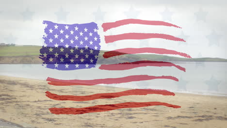 Animation-of-usa-flag-design-against-view-of-a-empty-beach