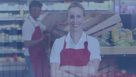 Animation-of-data-processing-against-portrait-of-caucasian-female-worker-smiling-at-grocery-store