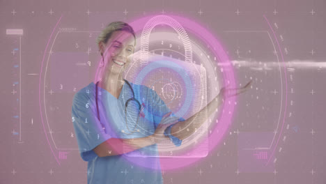 Animation-Eines-Digitalen-Vorhängeschlosses-Mit-Fingerabdruck-über-Einer-Glücklichen-Kaukasischen-Ärztin