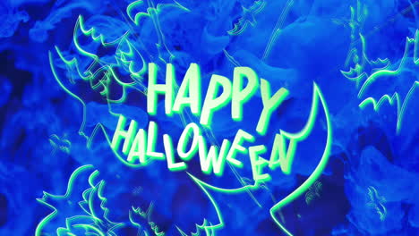 Animation-of-happy-halloween-text-and-bats-over-blue-background