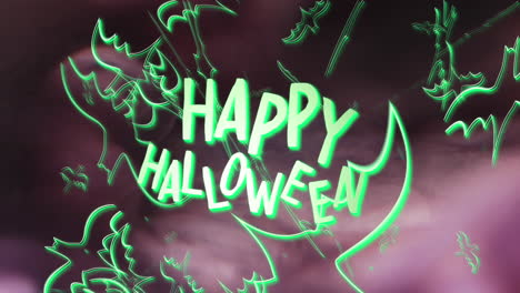 Animation-of-happy-halloween-text-and-green-ghosts-pink-background