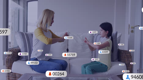Animation-of-numbers,-icons-in-notification-bars,-caucasian-mother-and-daughter-doing-hand-gestures