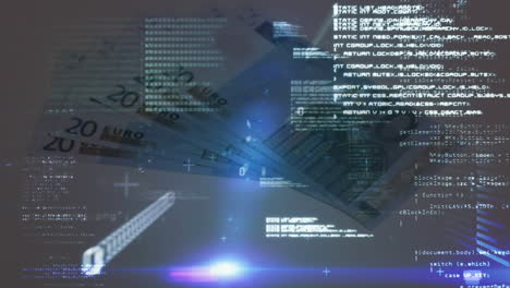 Animation-of-data-processing-and-blue-light-spots-against-euro-bills-falling-on-grey-surface