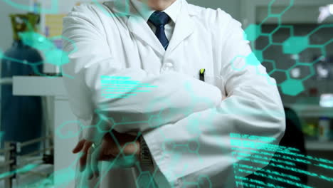Animation-of-medical-data-processing-over-caucasian-senior-male-scientist-smiling-at-laboratory