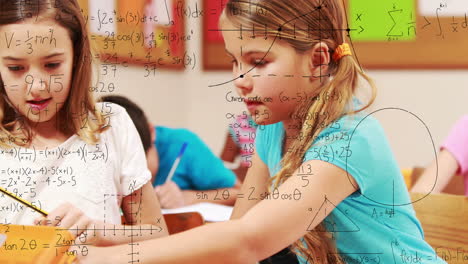 Animation-of-mathematical-equations-against-caucasian-girl-studying-in-the-class-at-school