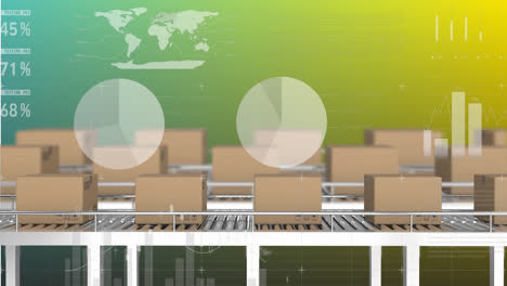 Animation-of-world-map,-multiple-graphs-and-reports-over-cardboard-boxes-moving-on-conveyor-belt