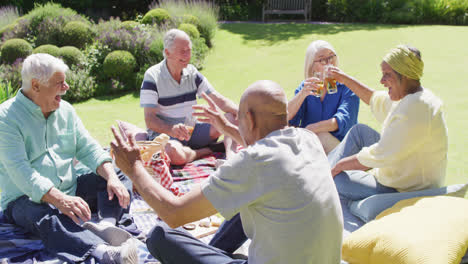 Happy-diverse-group-of-senior-male-and-female-friends-enjoying-a-picnic-in-sunny-garden,-slow-motion