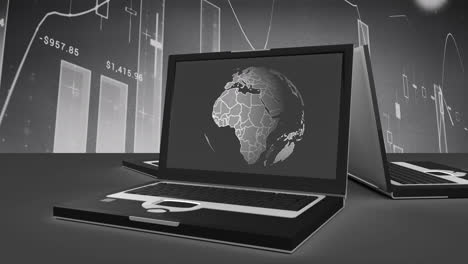 Animation-of-laptop-with-globe-over-graphs-in-grey-space