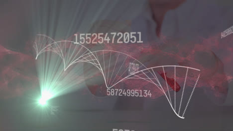 Animation-of-number,-dna-helix,-lens-flare,-midsection-of-researcher-taking-sample-from-test-tube