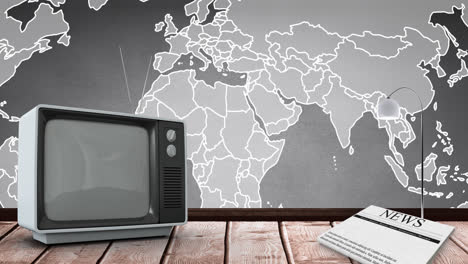 Animation-Eines-Vintage-Fernsehers-über-Einer-Weltkarte