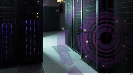 Animation-of-purple-round-scanner-spinning-against-computer-server-room
