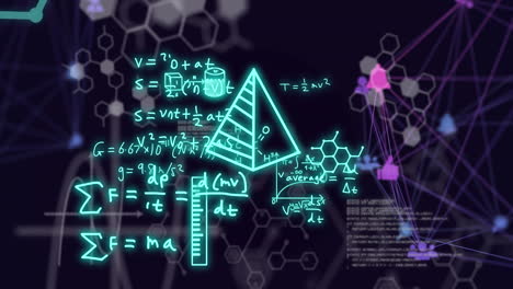 Animation-of-mathematical-equations,-globes-of-digital-icons-and-data-processing-on-black-background