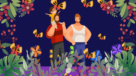 Animation-of-flower-icons-over-gay-couple-with-son-icon