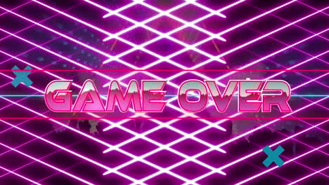 Animation-of-game-over-text-banner-over-silhouette-of-people-dancing-against-neon-triangular-shape