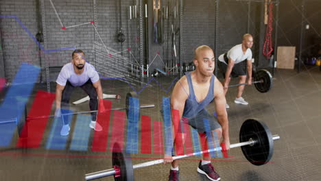 Animation-of-interface-processing-data-over-diverse-male-group-lifting-barbell-weights-at-gym