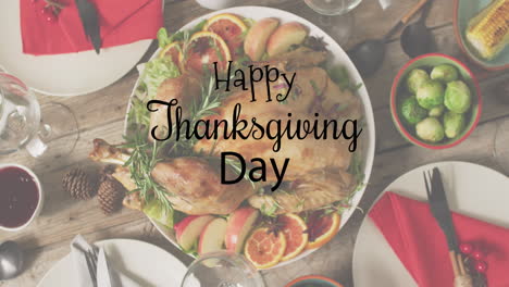 Animation-of-happy-thanksgiving-day-text-and-dinner-on-table-background