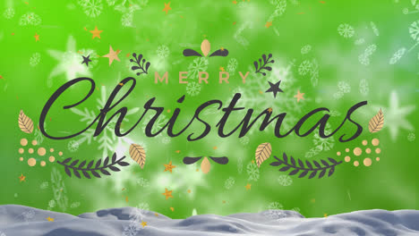 Animation-of-merry-christmas-text-in-abstract-pattern-falling-snowflakes-over-green-background