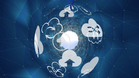 Animation-of-globe-with-clouds-and-tech-icons-over-digital-space-with-connections
