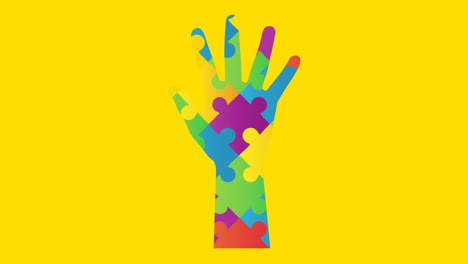 Animation-Von-Mehrfarbigen-Puzzles,-Die-Auf-Gelbem-Hintergrund-Eine-Hand-Bilden