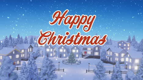 Animation-of-snow-falling-over-happy-christmas-text-banner-and-aerial-view-of-winter-landscape