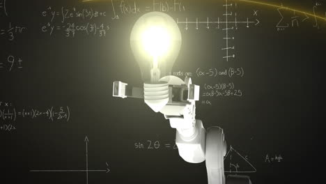 Animation-Eines-Roboterarms,-Der-Eine-Leuchtende-Glühbirne-Vor-Mathematischen-Gleichungen-Auf-Schwarzem-Hintergrund-Hält