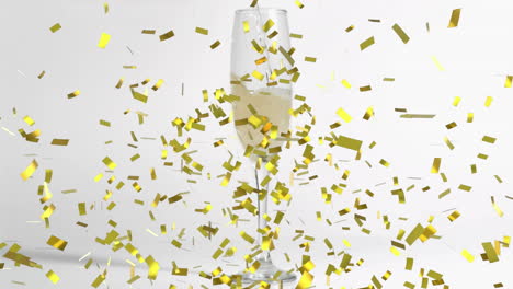 Animation-of-golden-confetti-falling-over-champagne-pouring-in-a-glass-against-white-background