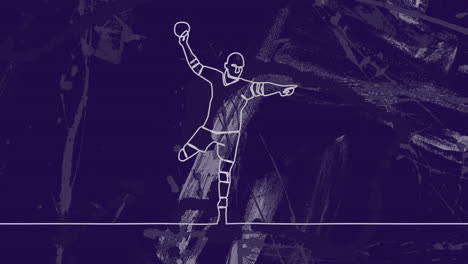 Animation-of-drawing-of-male-handball-player-throwing-ball-and-shapes-on-blue-background