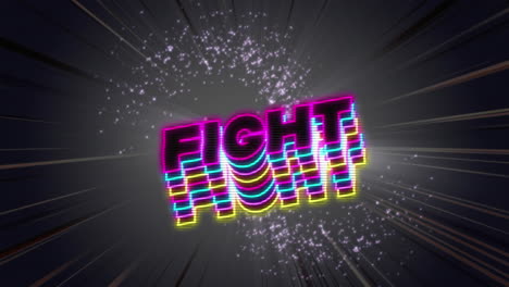 Animation-of-neon-fight-text-banner-over-light-trails,-shooting-stars,-light-spot-on-grey-background