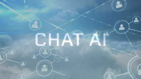 Animation-of-network-of-profile-icons-and-chat-ai-text-banner-against-clouds-in-the-blue-sky