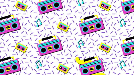 Animation-of-multi-coloured-retro-tape-recorder-shapes-moving-over-white-background