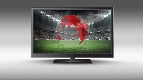 Animation-Des-Fernsehens-Mit-Globus-Und-Stadion-Auf-Grauem-Hintergrund