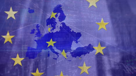 Animation-Von-Sich-Drehenden-Kreisen-Auf-Der-EU-Flagge-Und--Karte-Vor-Einem-Niedrigen-Blickwinkel-Auf-Hohe-Gebäude