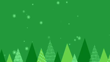 Animation-of-christmas-tress-and-snow-falling-on-green-background
