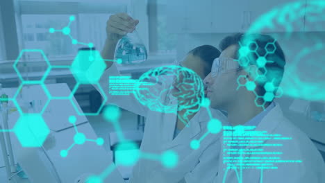 Animation-of-medical-data-processing-over-diverse-male-and-female-scientists-working-at-laboratory