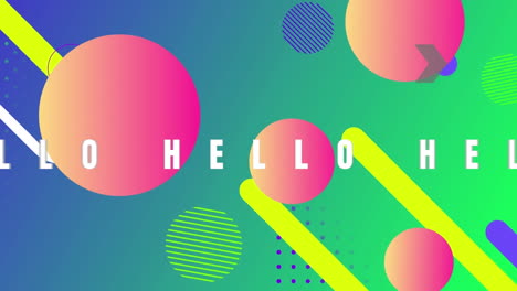 Animation-of-hello-text-banner-and-abstract-shapes-against-green-and-blue-gradient-background