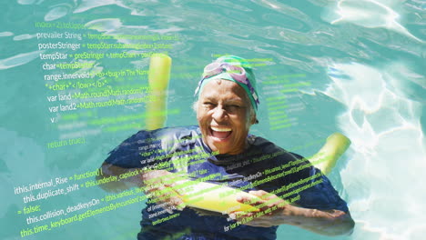Animation-of-data-processing-over-senior-african-american-woman-in-swimming-pool