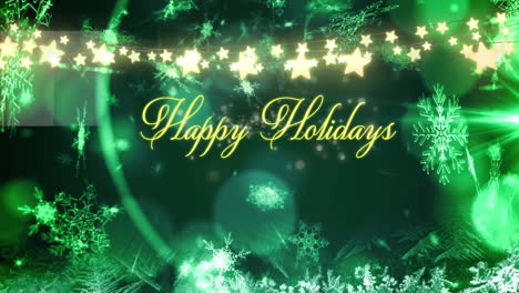 Animation-of-snowflakes-falling-over-happy-holidays-text-banner-and-star-shapes-fairy-lights